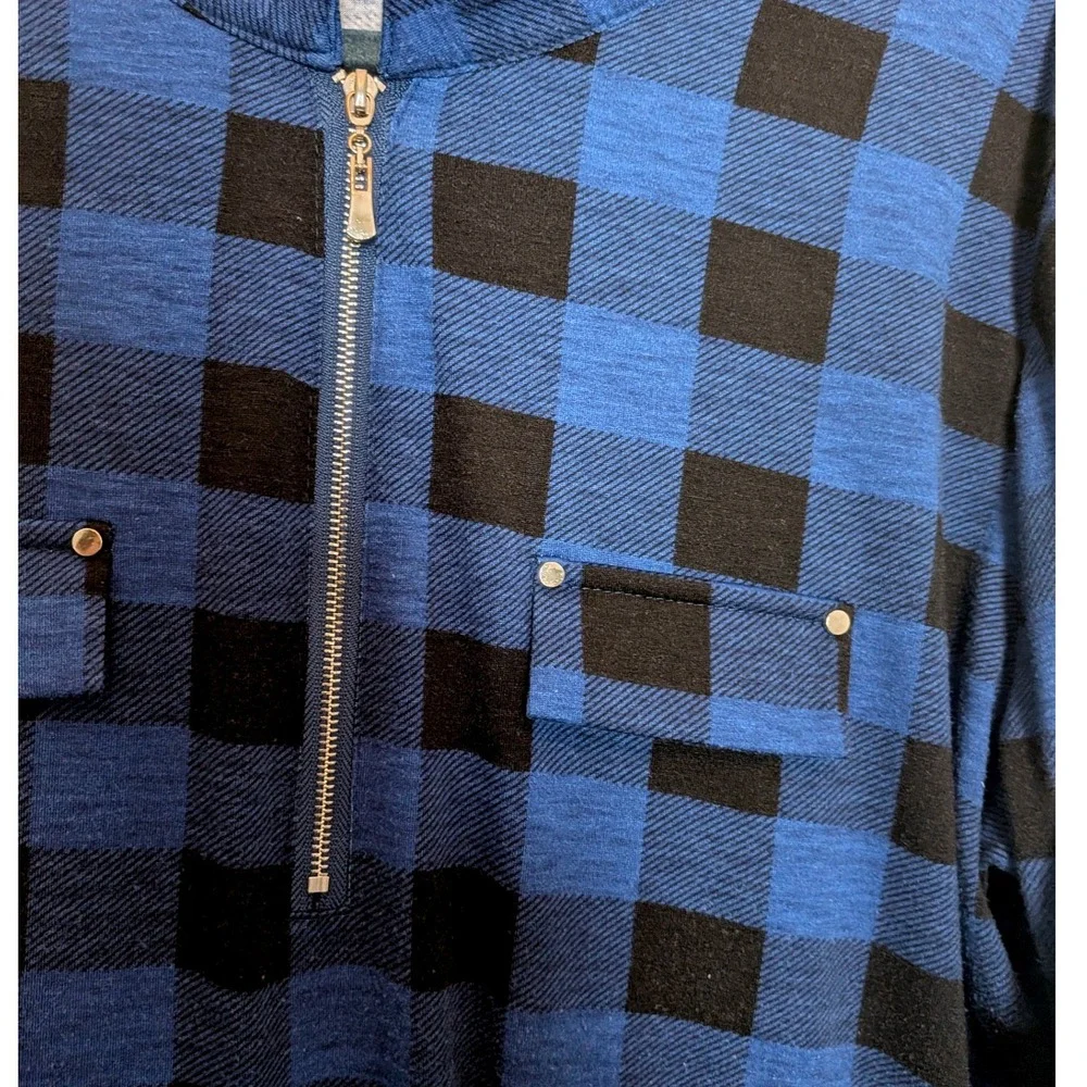 Ninedaily Blue Black Buffalo Plaid Quarter Zip Roll Tab Sleeve Tunic Top 2XL